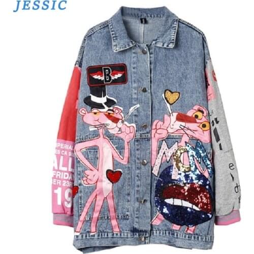 JESSIC Spring autumn fashion sequins cartoon leopard denim jackets loose Lady streetwear coats