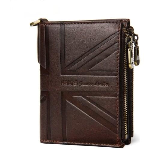 Fashion leather mens wallet, embossed crazy horse cowhide double zipper anti-RFID short leather coin purse
