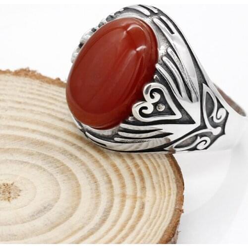 To Husband Gift 925 Sterling Silver Red Agate Ring for Men Big Natural Stone Finger Rings Vintage Punk Jewelry for Male Boys