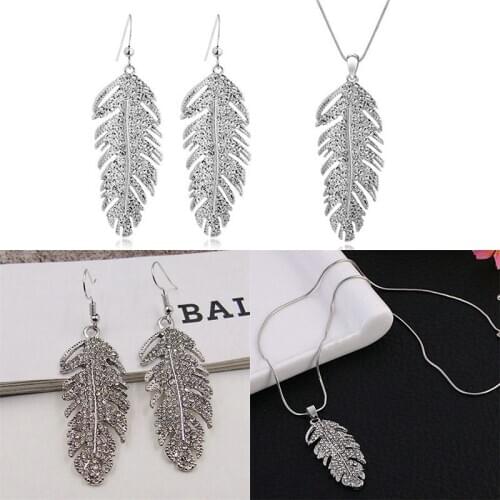 Popular Long Leaf Drop Dangle Earring Feather Necklace Jewelery Set Rhinestone Party