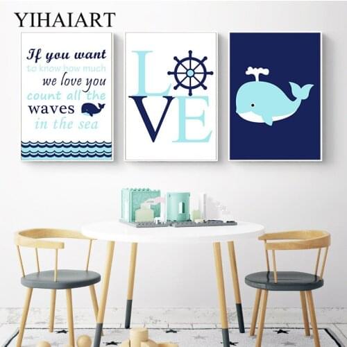 Whale Cartoon Wall Art Painting Baby Nursery Quotes Picture Child Poster Navigation Print Nordic Kid Boy Bedroom Decoration
