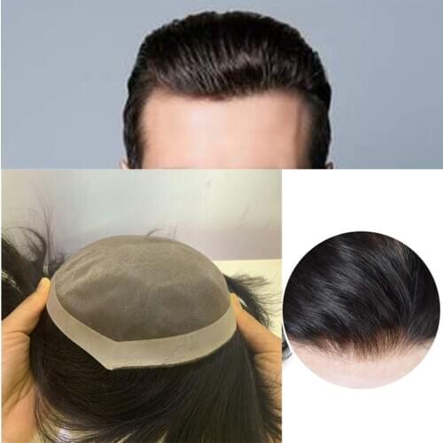 Natural Black Mens 100% Human Brazilian Wig Toupee For Men With Lace Human Hair Toupee Lace+Weft Base Breathable Hairpiece Hair