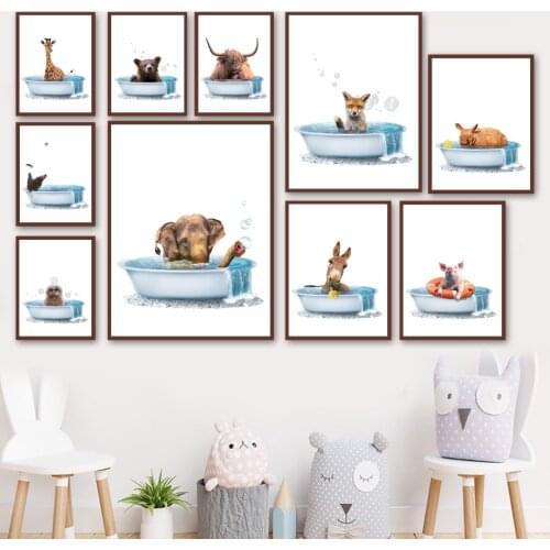 Elephant Giraffe Fox Bear Owl Bathtub Wall Art Print Canvas Painting Bathroom Toilet Nordic Poster Decor Pictures Baby Kids Room