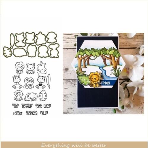 Mix Cute Animals Cartoon Lion Tiger Monkey Letter Leaves Metal Cutting Dies Match Clear Silicon Stamps Make Cards New Stencils