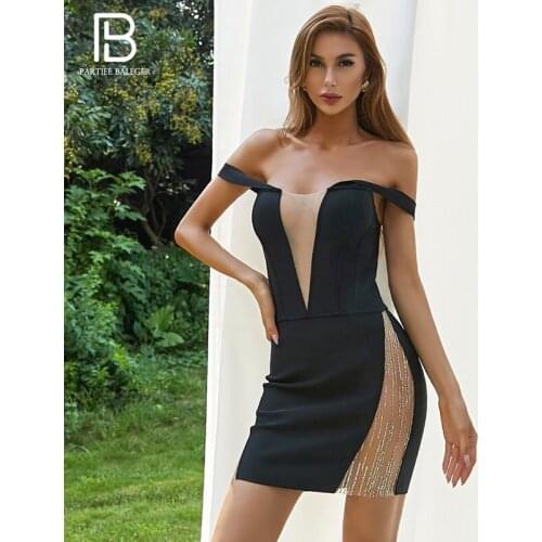 PB Stylish High Waist Beads Design Mini Dress Sexy Slash Neck Backless Celebrity Party Club Bandage Vestido Free Shipping