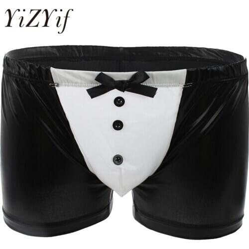 Men Patent Leather Boxer Underwear with Buttons and Bowknot Sexy Tuxedo Boxer Underwear Gay men Sissy Panties boxers men