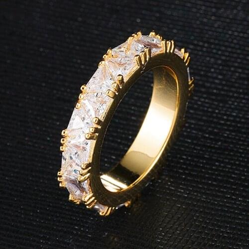 US7 1Row Triangle CZ Iced Out Bling Cubic Zircon Charm Rings Gold Round Ring For Men Women Hip Hip Jewelry Size 8-11