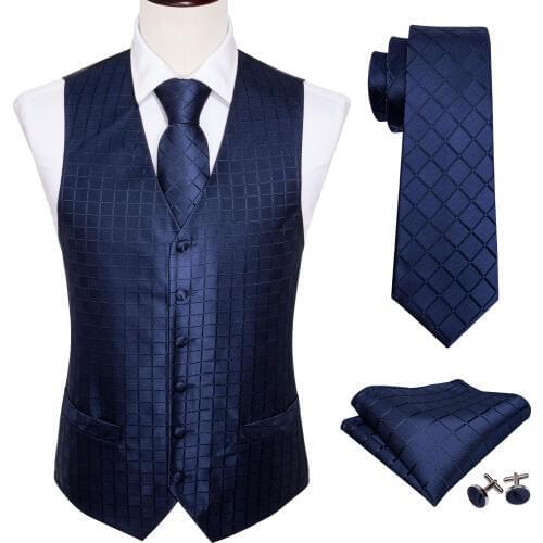 4PC Set Mens Silk Vest Party Wedding Blue Plaid Solid Floral Waistcoat Vest Pocket Square Tie Slim Suit Set Barry.Wang BM-2013