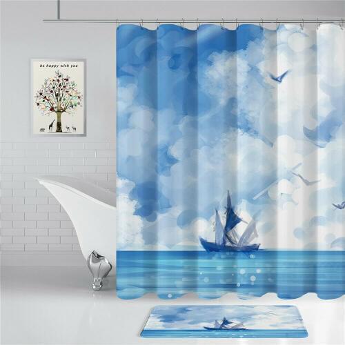 Shower Curtain Sailboat Ocean Bathroom Decor Set Waterproof 12 Hooks