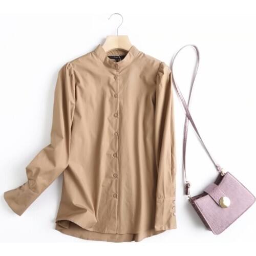 Za Fashion 2021 Women Shirts Cotton Solid Khaki Button Shirts Casual Long Sleeve O Neck Long Sleeve Blouse Elegant Mujer Tops