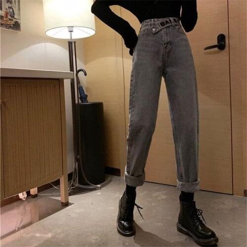 Female Fashion Solid High Waist Wide Leg Denim Pants Women Spring Blue Jeans Letter Belt Streetwear Casual Loose Vintage Pants