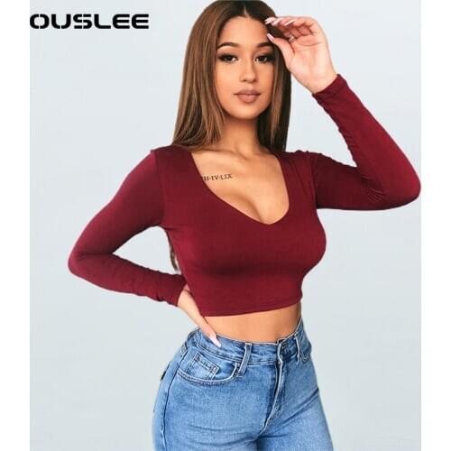 OUSLEE Spring Long Sleeve Basic Crop Top Women Red Sexy Tee Shirt Deep V Neck Casual Solid Color Tee Top Female Korean Tee Shirt