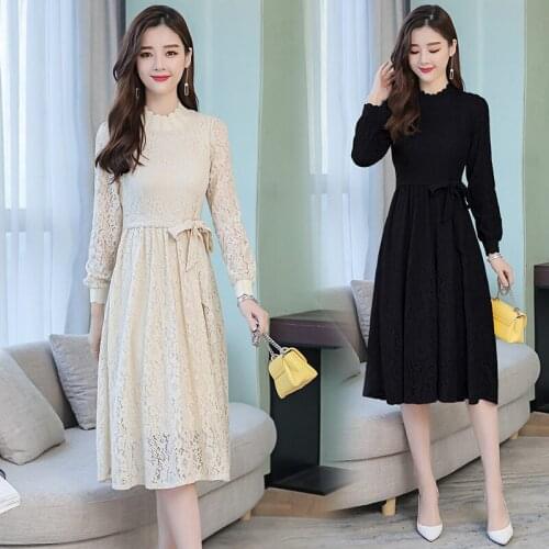 2020 New Black Lace Dress Retro Lady Temperament Long Sleeves Slim Lace Up Waist Elegant dress For Women Party Vestidos K919