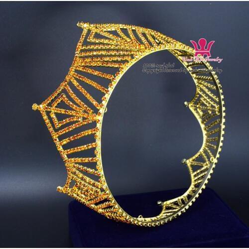Gold Crown G Colour Rhinestone Crystal Tiara For Men Or Women Unisex Style King QueenHairwear Model Show Vintage Crowns
