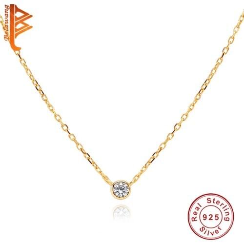 100% 925 Sterling Silver Small Round Crystal Pendant Necklace With 18k Gold Plated Gold Necklace For Women Engagement Jewelry
