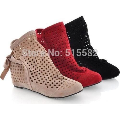 2017 Elevator suede hidden wedge low heels short boots fashion casual slip-on hole sandal booties with bow large size 34-43 shoe