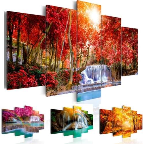 5 Panel Beautiful Waterfall Landscape Painting Flowers Modern Pictures on Canvas Modern Living Room Office Decoration,No Frame