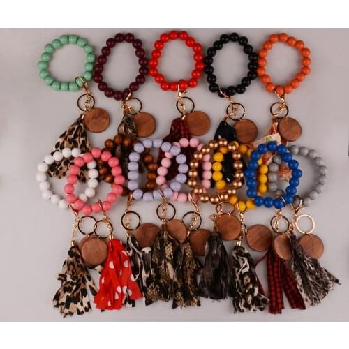 Rainbery Tassel Keychain Wood Beads Monogram Disc Wrist Strap Bracelet Keychain For Keys Leopard Keyring For Women Accessories