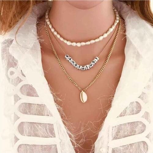 European and American jewelry fashion Shell Pendant Necklace shaped pearl letter multi layer womens necklace clavicle chain