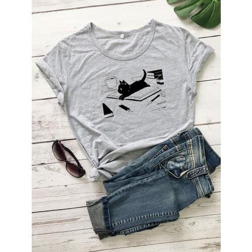 Book ink and Cat cute Gothic t-shirt women fashion 100% Cotton grunge street style graphic funny hipster unisex tee top tshirts