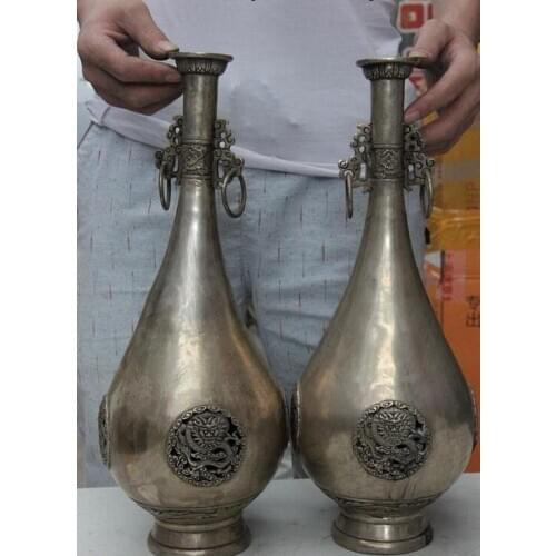 Chinese Folklore White Copper Silver Lucky Dragon Flask Lagena Bottle Vases Pair