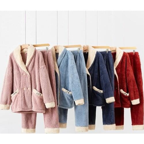 Women Pajama Set Coral Fleece Winter Thick Pikama Suit 2 Pcs with Trousers Loose Solid Button Sleepwear for Female Nightwear