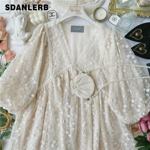 Lace Flower Embroidered V-neck Short Lantern Sleeve Dress 2021 Summer Casual A-LINE Mini Dress All-matching Short Dresses