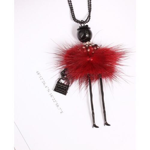 2020 new fashion doll girl dancing charms necklace soft mink fur black long beads chain womens birthday party jewelry