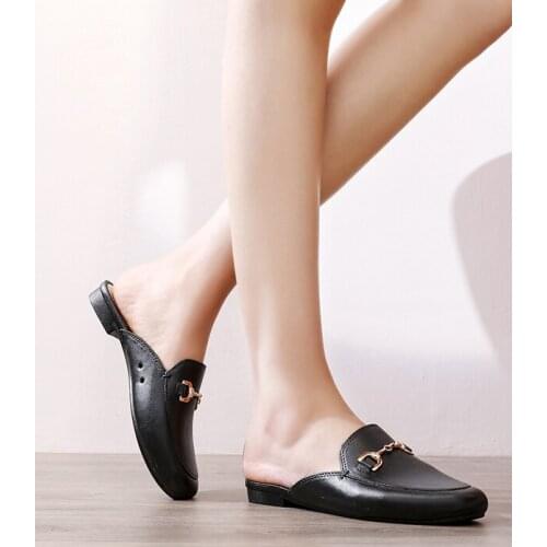 Shoes Metal Buckle Leather Loafers Slip on Flats Women Comfortable Beauty Half Slipper Fashion Shoes Soft Outdoor Room