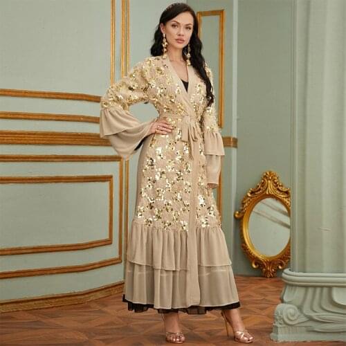 Luxury Sequins Tassel Muslim Abaya Maxi Dress Flare Sleeves Long Robe Gowns Kimono Jubah Arabic Dubai Islamic woman clothing