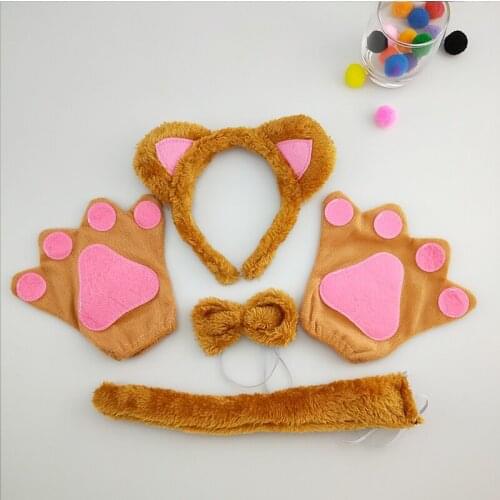 Boy Girl Kids Brown Fox Cat Headband Bow Tie Tail Paws Gloves Cosplay Costume Set Party Fancy Dress Up Props Halloween Carnival