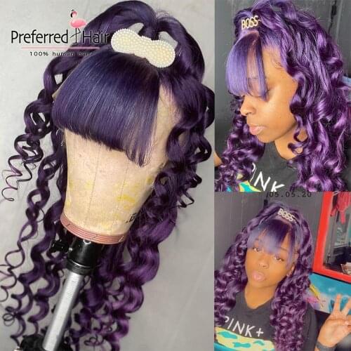 Preferred Grape Purple 13x6 Lace Front Wig with Full Bangs Brazilian Remy Pre Plucked Lace Front Human Hair Wigs for Women