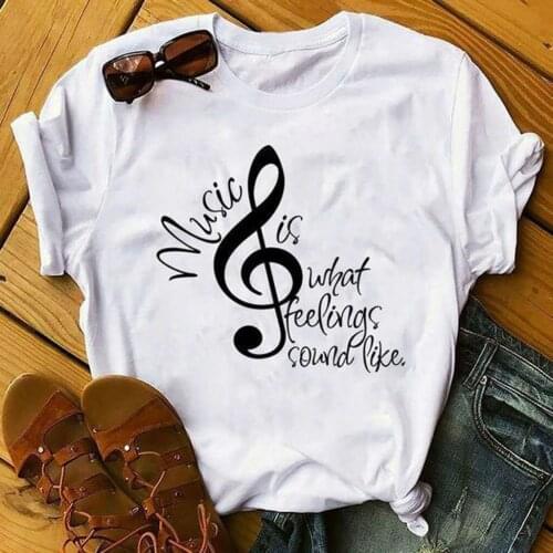 S-3XL Music is Life Letter Print T-Shirt Womens Musical Note Print Short Sleeve Loose White Tops Casual Tee белая футболка