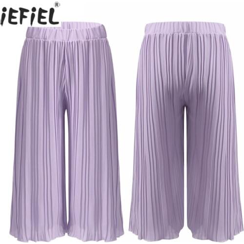 Summer Girls Pants Casual Solid Color Pleated Wide Leg Pants Elastic Waist Loose Soft Chiffon Childrens Pants Trousers