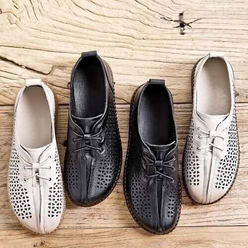 Tilocow Lace Up Soft Bottom Flats Shoes Woman Genuine Leather Shoes For Women Hollow Out Flats Female Breathable Casual Shoes