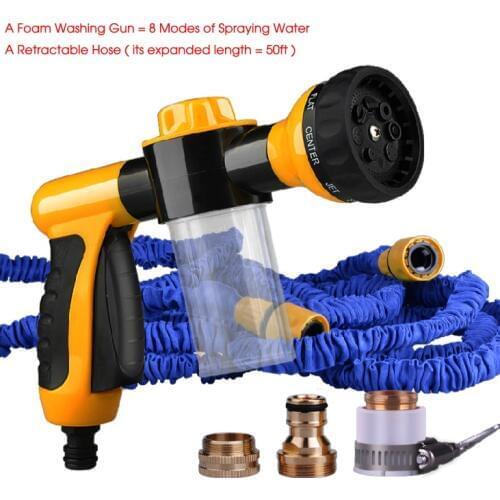 Upgraded Foam Expandable 50ft Retractable Garden Hose Reels Car Washer Car Cleaning Gun Water Pressure Gun 8 Modes Nozzle Gun