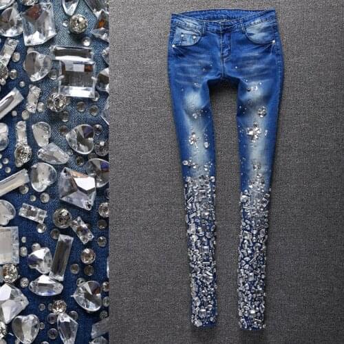 Hand Made Diamond Rhinestone Jeans Woman Embroidered Flares Skinny Stretch Denim Pencil Pants Fashion Party Office Jeans