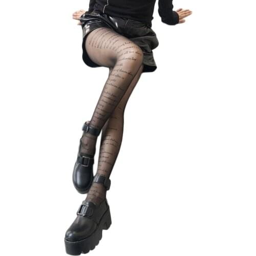 Womens Sexy Black Pantyhose Handwritten Letters Printed Sheer Nylon Tights Hosiery Patterned Tattoos Leggins Stockings