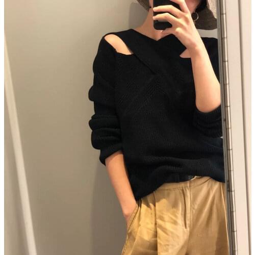 Women Sweater 2020 Autumn and Winter Black Cross Design Sense Hollow Cotton Pullover Niche Slim Sweater