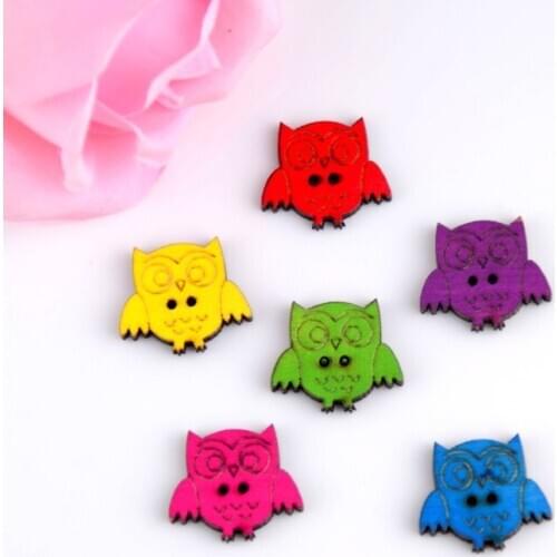 Free shipping -2015 Random 100pcs Mixed 2 Holes Colorful Cartoon Owl Animal Shape Wood Sewing Buttons Scrapbooking 25x21mm J1511