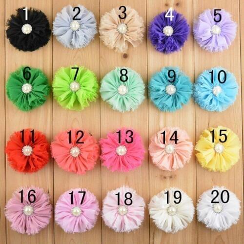 30pcs/lot Chiffon Shabby Frayed Fabric flowers chiffon flowers with Pearl