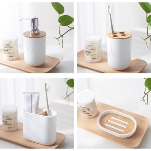 5pcs Household Bathroom Supply Bamboo Soap Dispenser Toothbrush Holder Cup Toilet Brush Soap Dish Bathroom Accessories Set