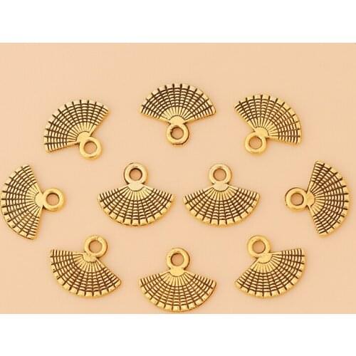50pcs/Lot Antique Gold Fan Charms Pendants Beads 2 Sided for Bracelet Necklace Jewelry Making Accessories