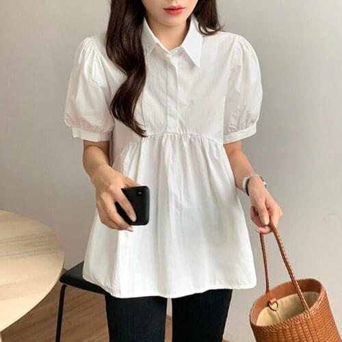 Blouses Shirts Women 2021 Summer Short Sleeve Fashion Solid Korean Style Loose Students Chic Womens Vintage Street Elegant New