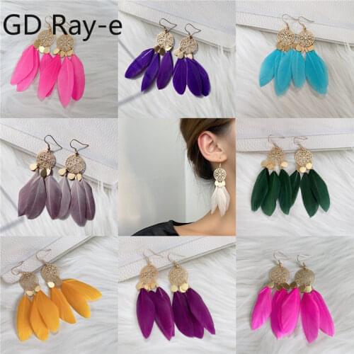 Vintage hollow pattern earrings super fairy long feather tassel earrings for women 2348