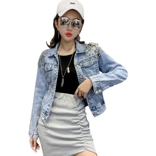 Boho Embroidery Beading Cropped Jacket Jean Clothes Casual Slim Korean Woman Denim Coat Giacca Donna Elegante Kurtka Wiosenna