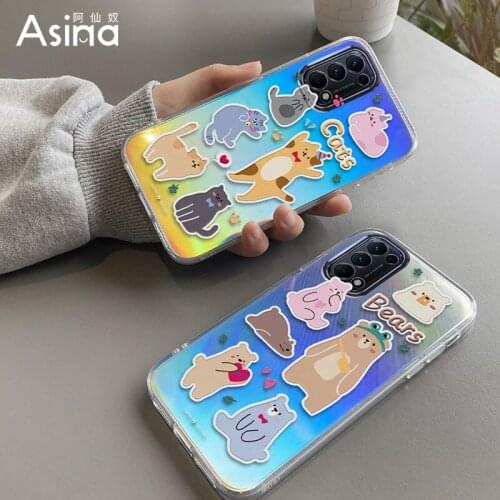 ASINA Laser TPU Case For OPPO Reno 3 4 5 Pro Shockproof Cute Cartoon Bear Soft Cover Bumper For Find X3 Lite Fundas Cat