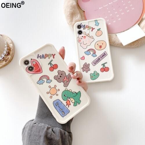 OEING Lovely Phone Case For Iphone 12 Pro Max Mini 11 7 8 Plus X XS Max XR SE 2020 Rainbow Dinosaur Lens Protection Case Cover