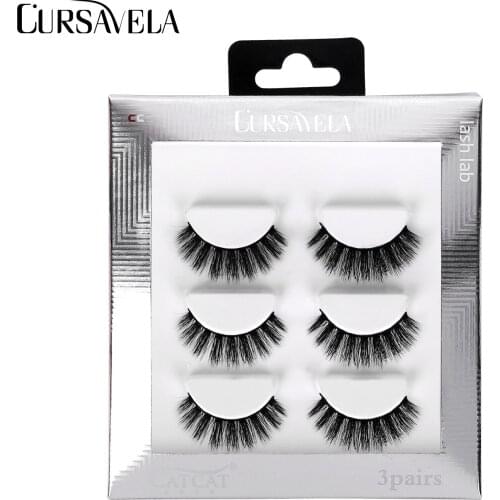 CURSAVELA 3D Mink False Eyelashes 3 Pairs Wispy Fluffy Volume Vegan Fake Lashes Natural Extension Handmade Eyelashes Wholesale