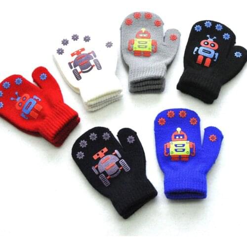 2021 Childrens Winter Warm and Cold-proof Bag Boy Gloves Cute Little Robot Patchwork Pattern Printing Non-slip Knitted Gloves